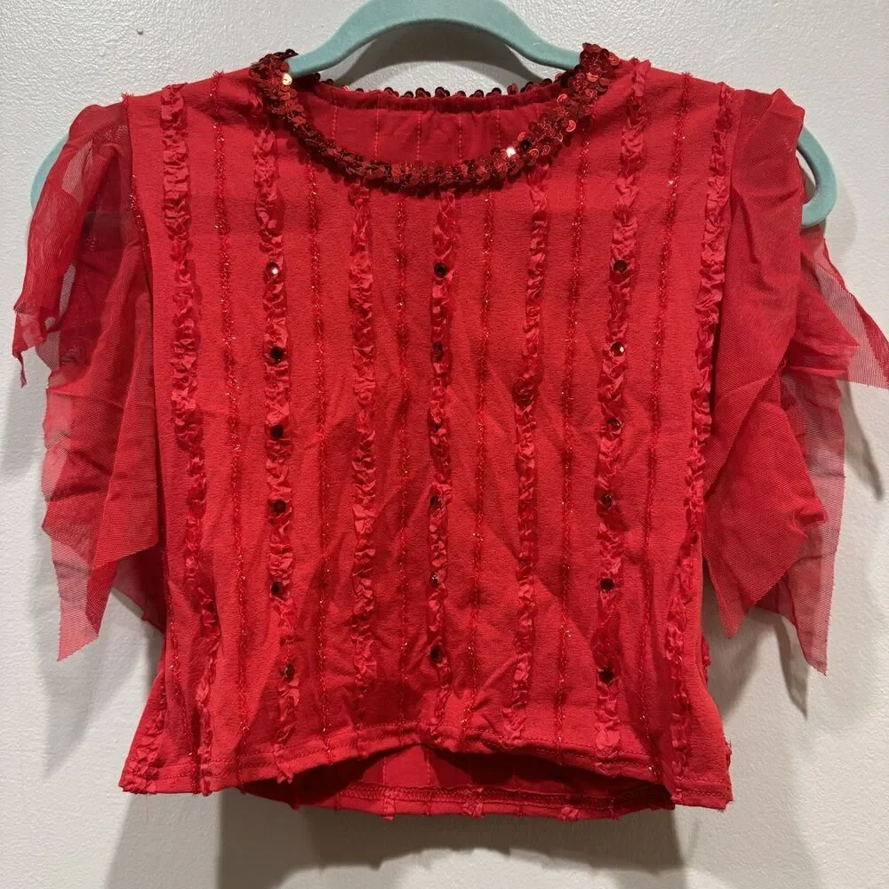Vintage Curtain Call Costumes Red Sequin Ruffle Set Pants Top Dance Child Large